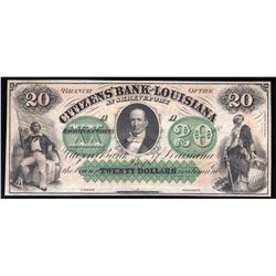 1800s $20 The Citizens' Bank of Louisiana Obsolete Bank Note