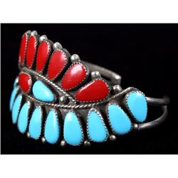 Silver Turquoise & Coral Zuni Petit Point Bracelet