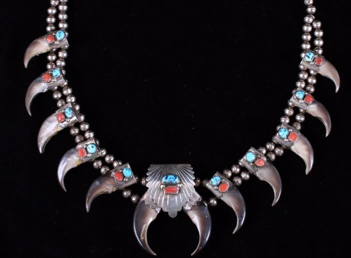 Navajo Bear Claw Turquoise Squash Blossom Necklace
