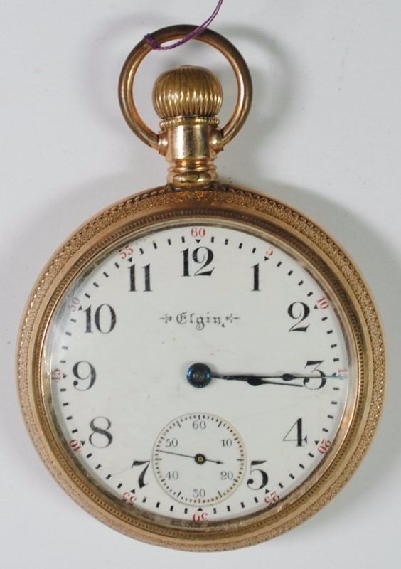 ELGIN OPEN FACE POCKET WATCH, 15 JEWELS, CIRCA 1902, SIZE 18, GOLD FILLED,