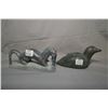 Image 1 : Two vintage carved soapstones including a stylized loon with carved face on back plus a signed otter