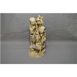 Carved antique elephant ivory figure of two men smoking pipes, signed on base 8" in height