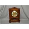 Image 1 : Antique wood cased chiming mantle clock with brass and porcelain dial, 14 1/2"