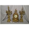 Image 1 : Three piece antique gilt chiming mantle clock with porcelain dial standing 18" in height and two mat