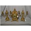 Image 1 : Three piece antique gilt chiming mantle clock with porcelain accented dial, overall pierce work, dou