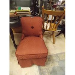 VINTAGE RED UPHOLSTERED SLIPPER CHAIR - WITH UPHOLSTERED SKIRT