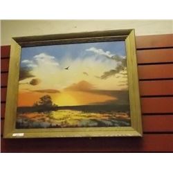 PAINTED PICTURE - SUN SET & EAGLE - SIGNED