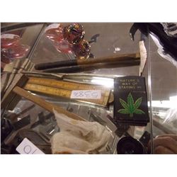 FOLDING WOOD RULLER, VINTAGE MINI HAMMER & POT LEAF ZIPPO
