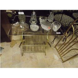 BRASS AND GLASS END TABLE WITH MAGAZINE RACK