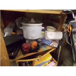SHELF LOT OF DISHES - CROCK POT AND MORE
