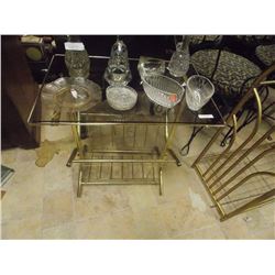 BRASS AND GLASS END TABLE WITH MAGAZINE RACK