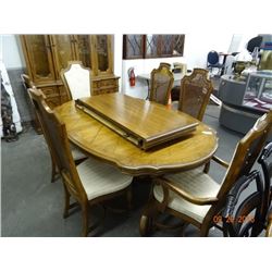 Tiger Oak Scalloped Edge Dining Table, China Hutch & Server