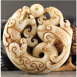 Old China Jade hand-carved Dragon & Phoenix Pendant