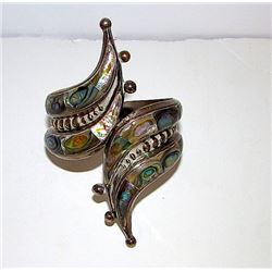 Taxco Mexican Sterling Silver 925 Eagle Mark Abalone Shell Large Clamper Bypass Bracelet 40gr