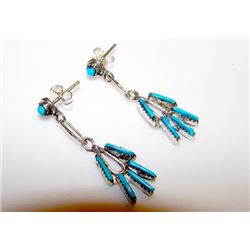 Native American Zuni Sterling Silver Turquoise Petit Point Pierced Dangle Earrings