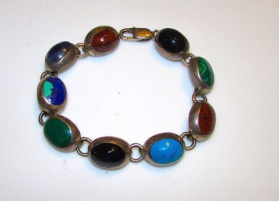 Vintage Taxco Sterling Silver Inlay Azurite Lapis Malachite Link Bracelet 7.5 Vintage Sterling Silver Inlay Azurite Bracelet Azurite