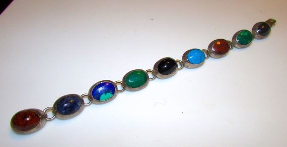 Vintage Taxco Sterling Silver Inlay Azurite Lapis Malachite Link Bracelet 7.5 Vintage Sterling Silver Inlay Azurite Bracelet Azurite
