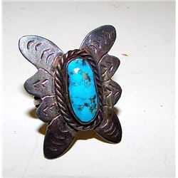 Native American Navajo Old Pawn Sterling Silver Kingman Mine Turquoise Butterfly Ring Size 6