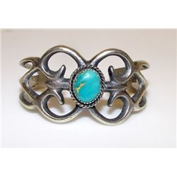 Native American Navajo Sand Cast Sterling Silver Turquoise Cuff Bracelet by Collectible Artist Gary 