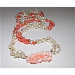 Vintage Angel Skin Coral Carved Floral Necklace 14K