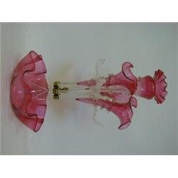 A RUBY GLASS EPERGNE, late 19th Century, four trumpets upon a wavy rim bowl, clear glass leaf bra...