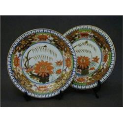 A PAIR OF MINTONS PLATES, c.1840, decorated Imari design blue painted factory marks 184 diameter...
