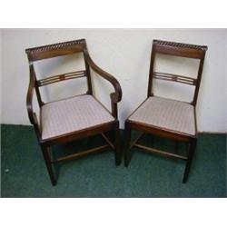 A SET OF SEVEN MAHOGANY DINING CHAIRS, early 19th Century, (six chairs, one carver), swept gadroo...