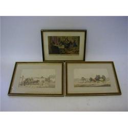 A SERIES OF THREE HAND COLOURED bookplates, framed and glazed, two coaching after Aiken another I...