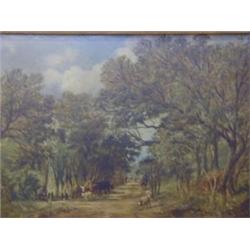 TURNER, GEORGE, (circle of) woodland path drover with sheep and cattle, oils on mahogany panel  2...