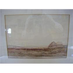 HARRINGTON, C, a landscape watercolour figures collecting peat on moorlands, signed lower right,...