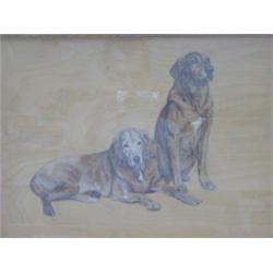 LOCKWOOD, LUCY, study of two golden Labradors, one lying, the other standing, oils on panel, sign...