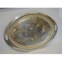 AN OVAL WALKER AND HALL SIDEBOARD TRAY, twin handles, bright cut scrollwork and gadroon border, s...