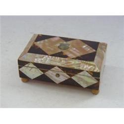 A CASKET, c.1840-1850, parquetry of mother of pearl and tortoise shell velvet lined width 9cm  80...