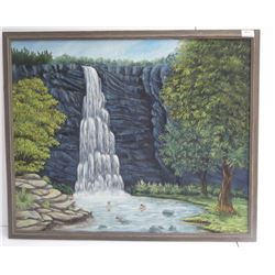 Oil on canvas swimmers by waterfall
