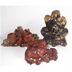 3 Oriental carved soapstone vases