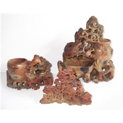 3 Oriental carved soapstone vases