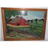 Image 1 : Oil on panel red barn farm scene