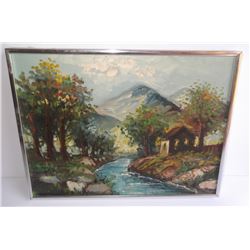 Oil on canvas house by stream scene