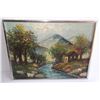 Image 1 : Oil on canvas house by stream scene