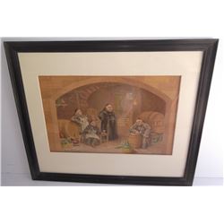 Mixed media/ gouache Monks in wine cellar