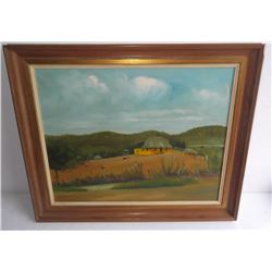 Oil on canvas house in field scene