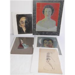 5 piece woman portraits art lot