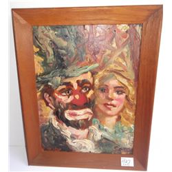 Oil on board clown & girl portrait signed Sam