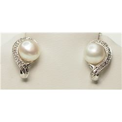 STERLING SILVER DIAMOND PEARL EARRINGS