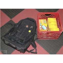 SWISS GEAR BACKPACK AND CRATE WITH CONTENTS