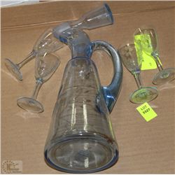 FLAT WITH BLUE TINT DECANTER AND 4 GLASSES
