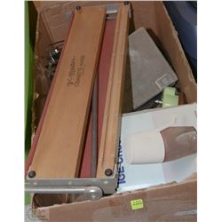 BOX OF VINTAGE ITEMS INCLUDING ICE CRUSHER,