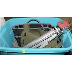 TOTE OF VARIOUS ITEMS INCLUDING TRIPOD, PURSES,