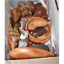 TOTE OF HAND CARVED WOOD ORNAMENTS