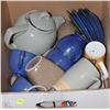 Image 1 : BOX OF COFFEE CUPS, TEA POT, AND SAUCERS